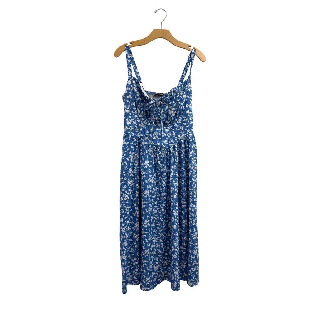 Scarlet Darkness Blue Floral Milkmaid Midi Dress Cottagecore Smocked sz Large